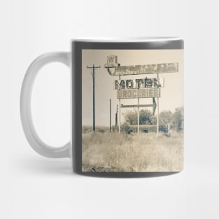 Weathered memoir Whiting Bros Motel sign along Route 66 Mug